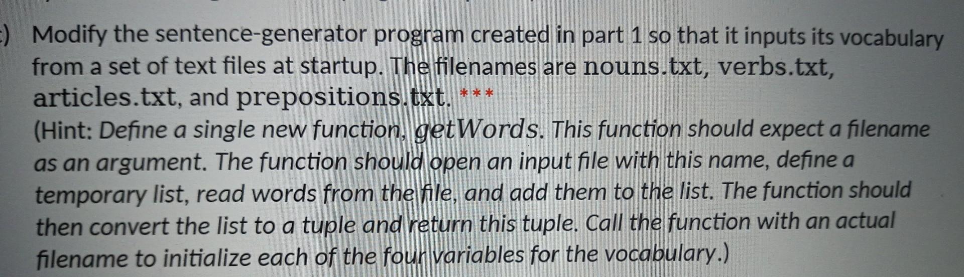  Modify the sentence-generator program created in part 1 so that it