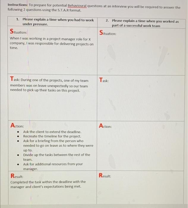 complete right side columns by S.T.A.R Format Instructions: To prepare for potential