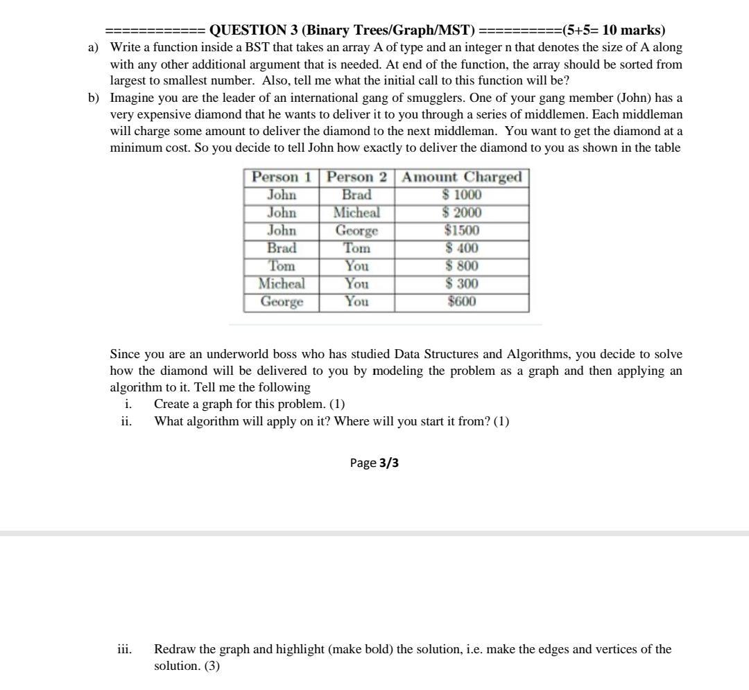  QUESTION 3 (Binary Trees/Graph/MST) === ==(5+5= 10 marks) a) Write a