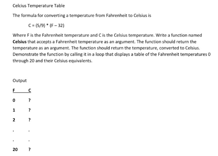  Celcius Temperature Table The formula for converting a temperature from Fahrenheit