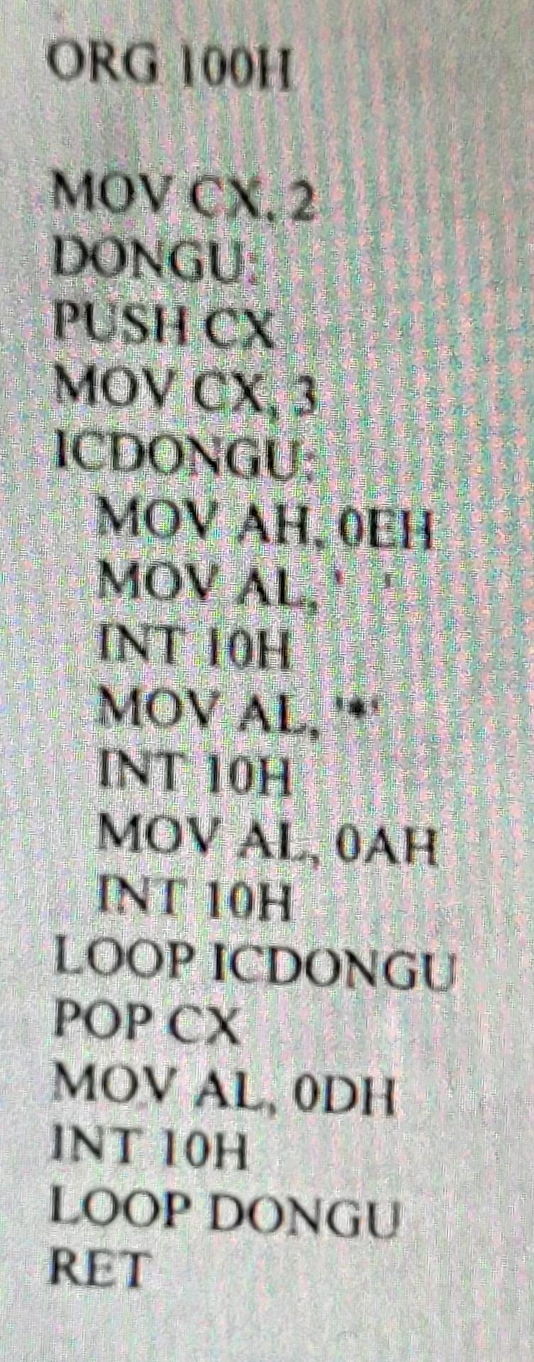  Explain the code step by step ORG 100H MOV CX,2 DONGU: