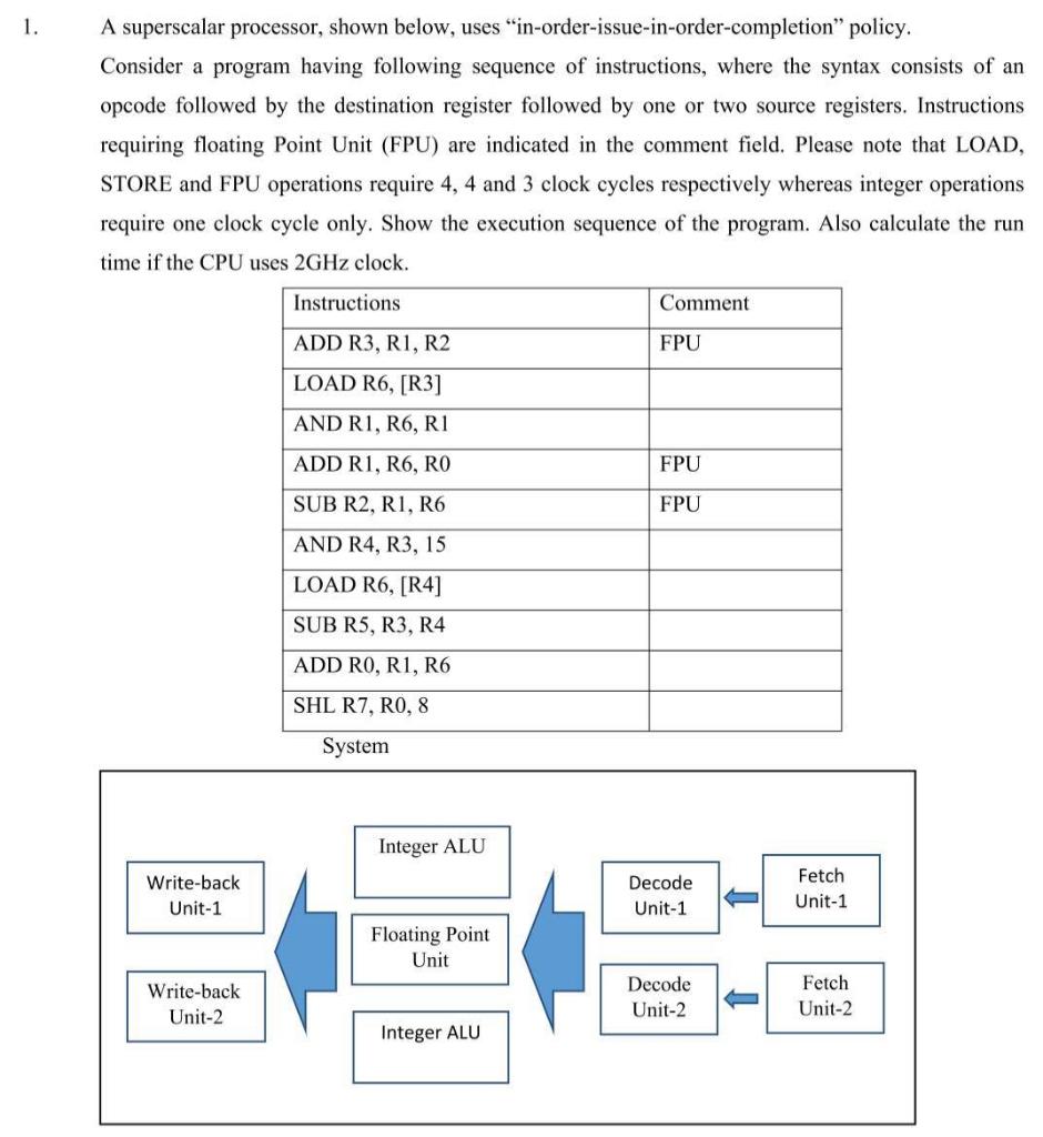 Urgent post!! 1. A superscalar processor, shown below, uses "in-order-issue-in-order-completion policy. Consider