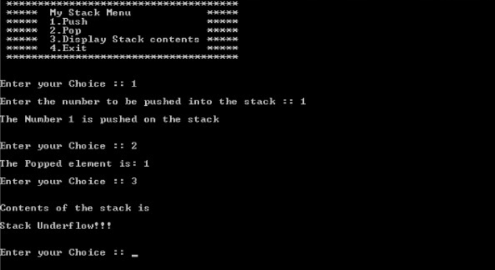 XXXXXXXXXXXXXX My Stack Menu 1 Push 2. Pop 1.Display Stack contents 1.Exit