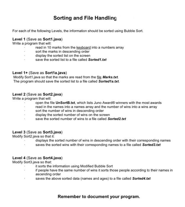 sorting and file handling Sorting and File Handling For each of the