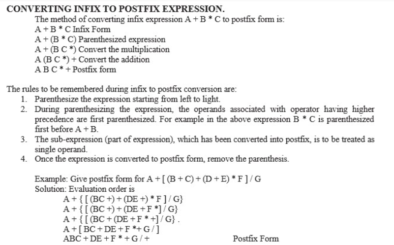 GUIDELINES: ****INFIX TO POSTFIX**** Enter the infix expression > A*B/2+C-D Postfix Expression