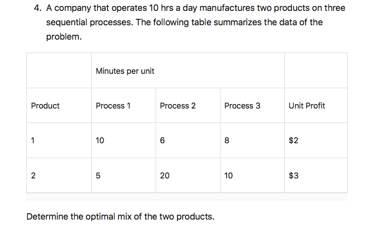  Formulate and solve using Graphical method: 4. A company that operates