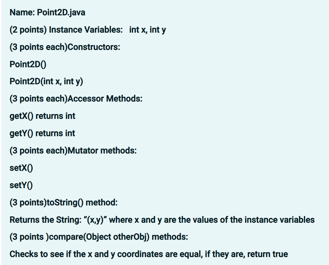 Please help need ASAP JAVA Create a class with the following specification.