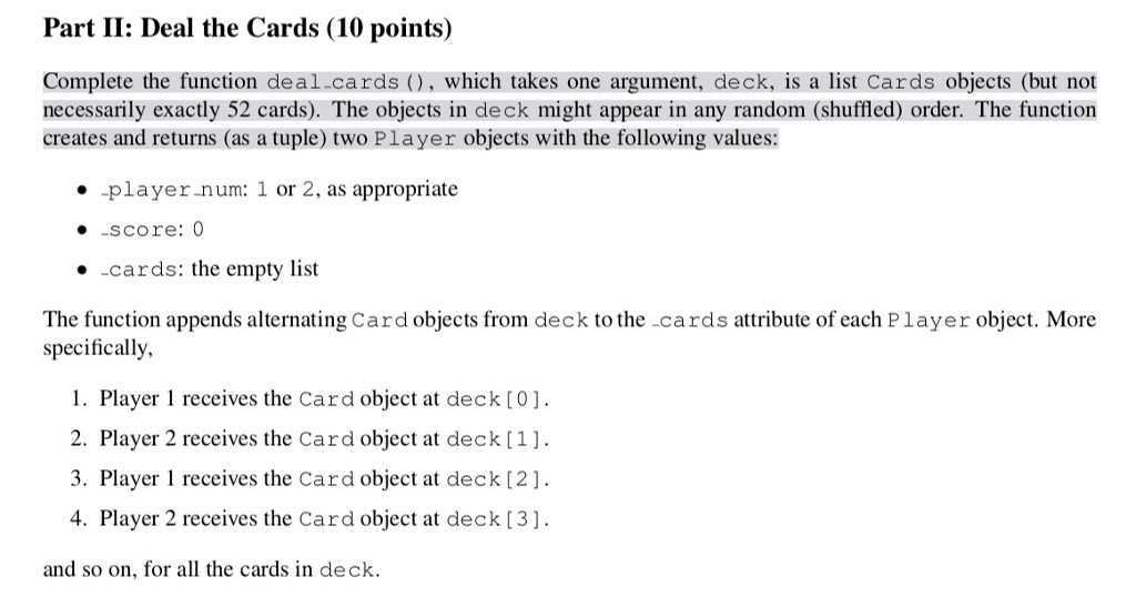  Part II: Deal the Cards (10 points) Complete the function deal-cards