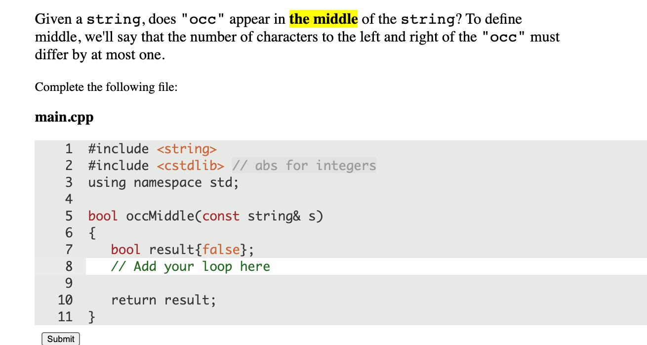 Given a string, does "occ" appear in the middle of the