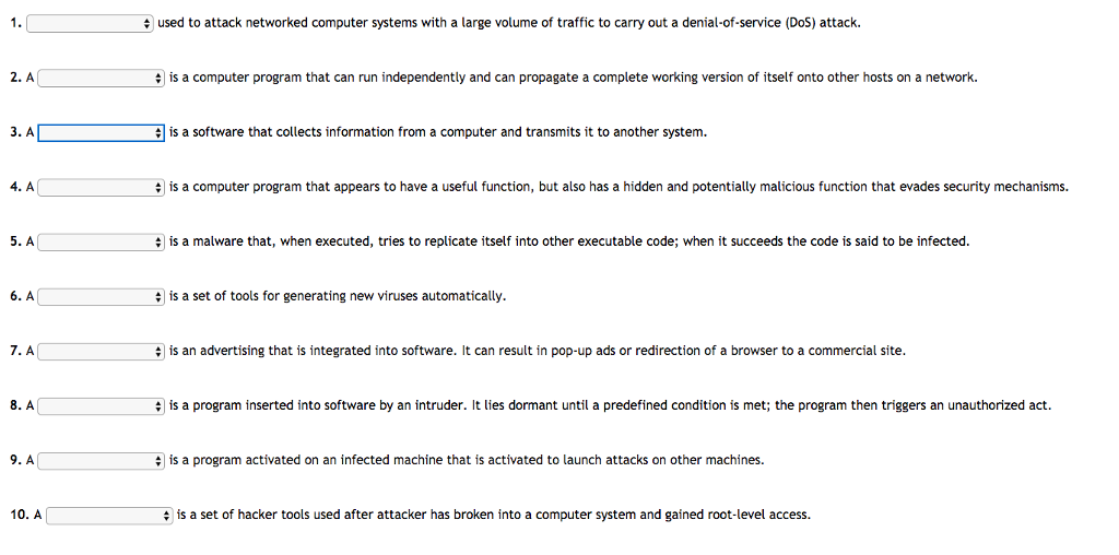 The drop down lists for these questions include: Virus Worm Logic bomb