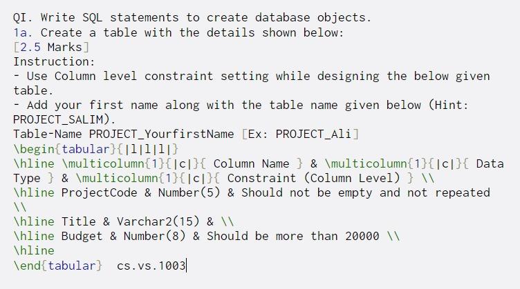  QI. Write SQL statements to create database objects. 1a. Create a