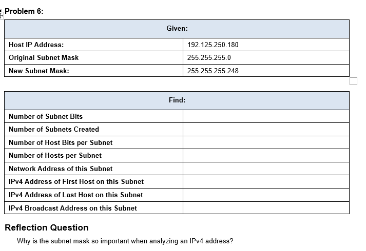 Problem 6: Given: Host IP Address: Original Subnet Mask New Subnet