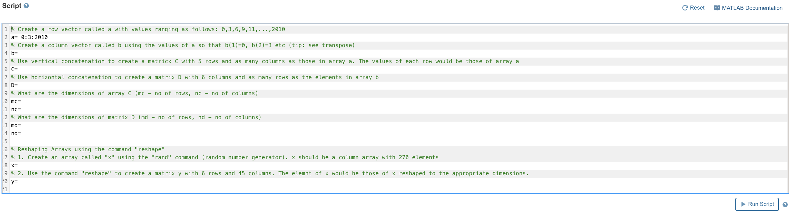MATLAB assignment. Please help me with the correct commands to complete the