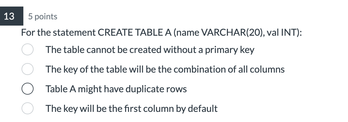 SQL language 5 points For the statement CREATE TABLE A (name VARCHAR(20),