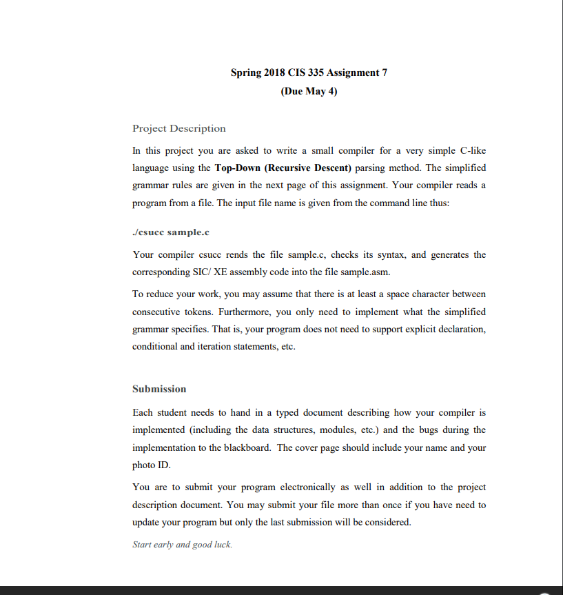  Spring 2018 CIS 335 Assignment 7 (Due May 4) Project Description