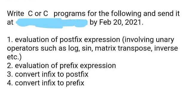  Write Cor C programs for the following and send it at