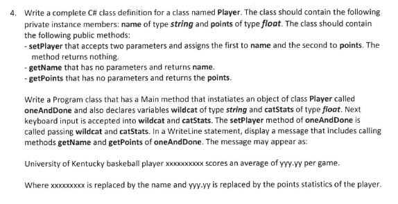 C# write a complete C# class definition for a class named Player.