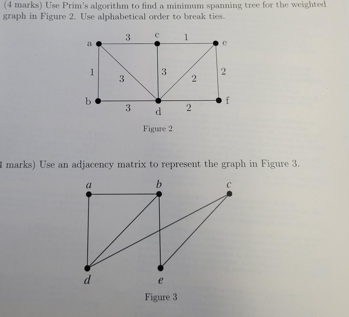  please solve a and b (4 marks) Use Prim's algorithm to