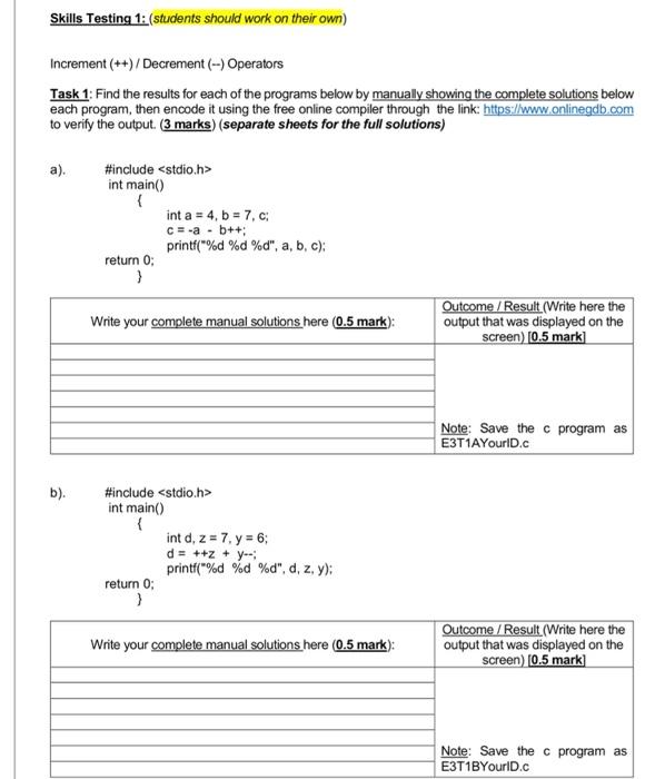  answer all Q Skills Testing 1: (students should work on their