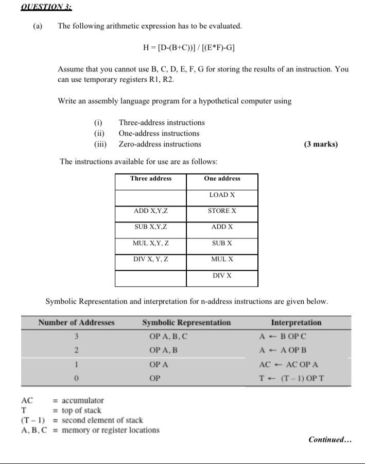 QUESTION 3: (a) The following arithmetic expression has to be evaluated.