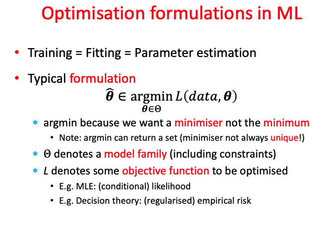  Optimisation formulations in ML Training = Fitting = Parameter estimation Typical