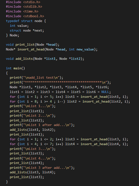 Use C program write a function ( void add_lists(Node *list1, Node *list2)