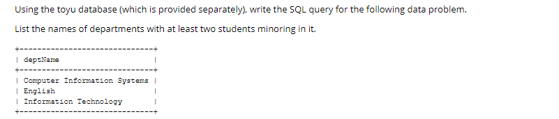  Using the toyu database (which is provided separately), write the SQL