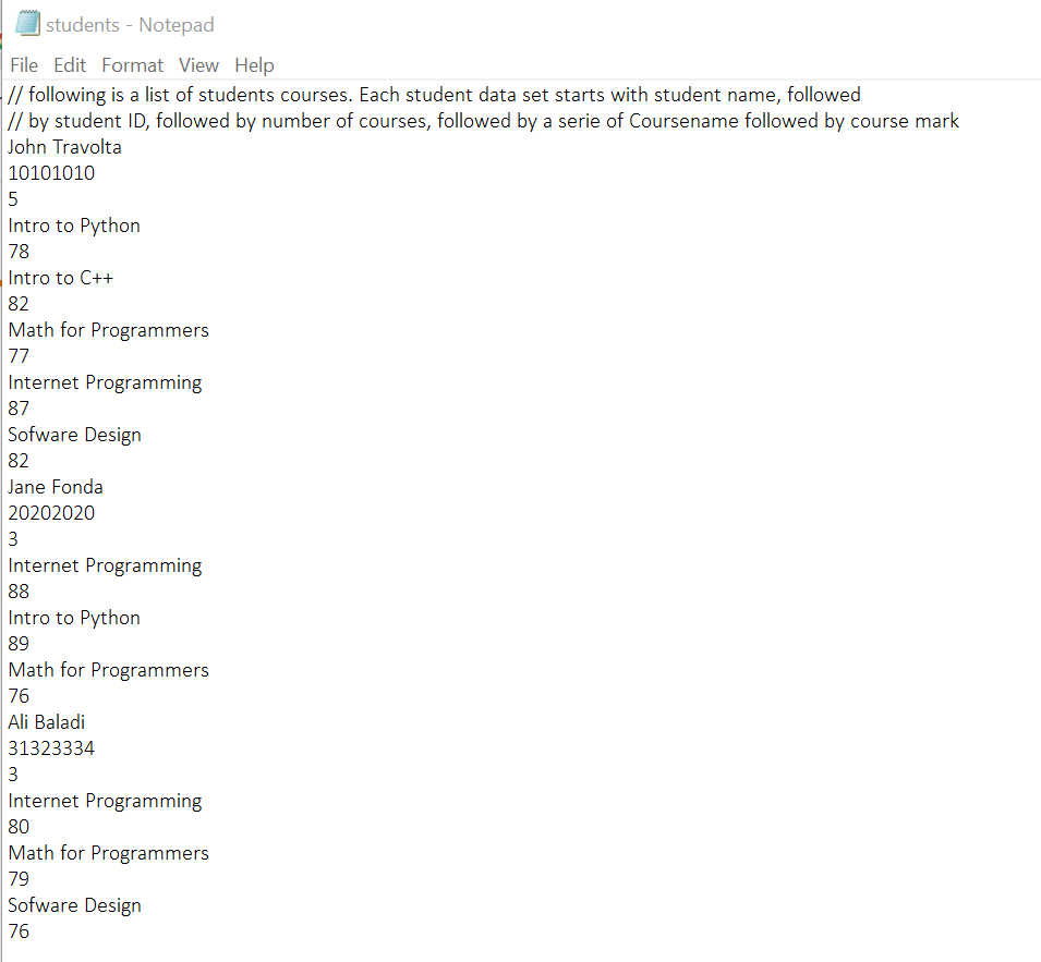 Using C++ load text data file students.txt containing the data for a