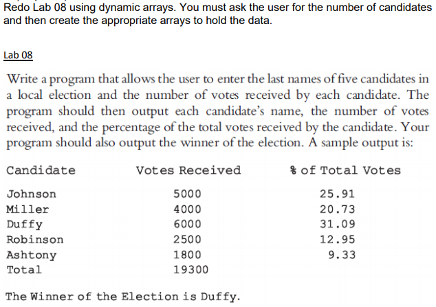  CODE IN C++ PLEASE Redo Lab 08 using dynamic arrays. You
