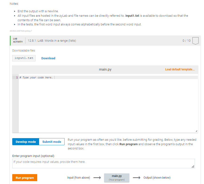 the name of an input file, followed by two strings representing the