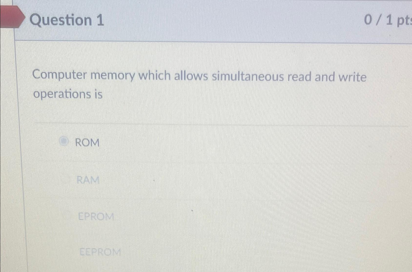  Question 1 01pt Computer memory which allows simultaneous read and write