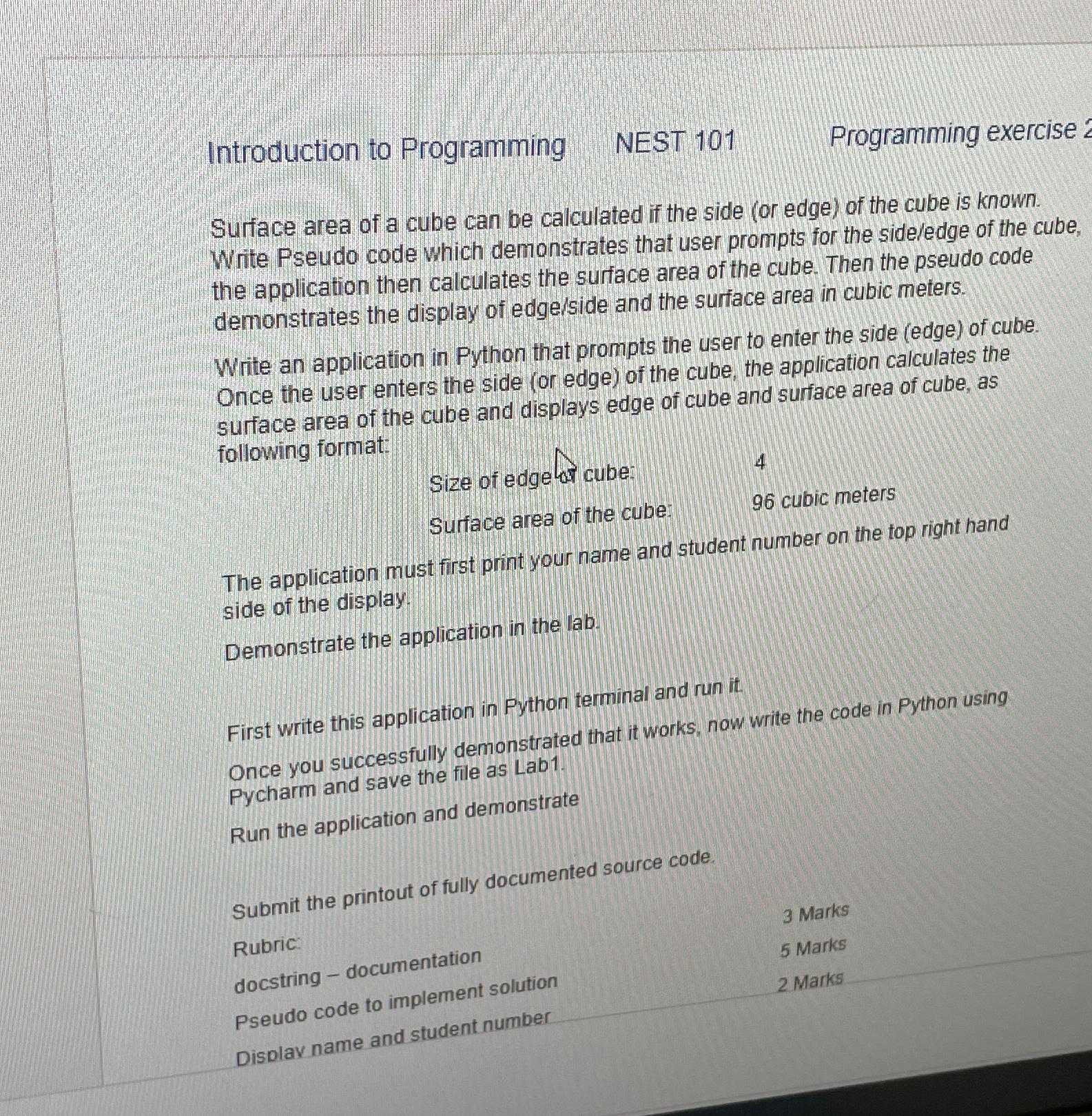  Introduction to Programming NEST 101 Programming exercise Surface area of a