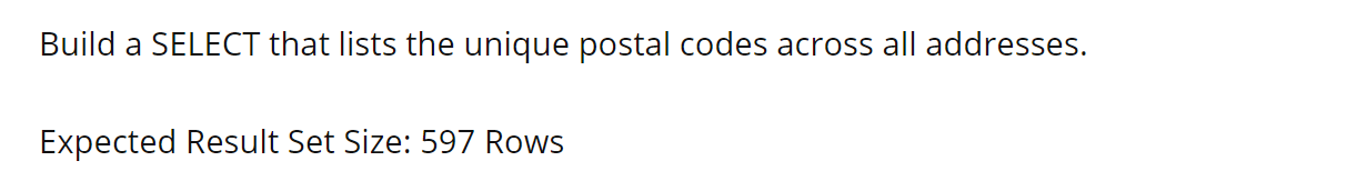  Database systems Build a SELECT that lists the unique postal codes