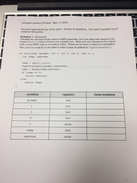  computer science 270 final : May 17, 2018 Put your name