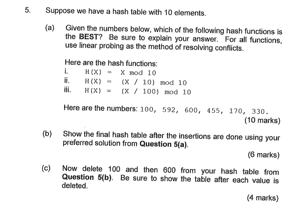  5. Suppose we have a hash table with 10 elements. (a)