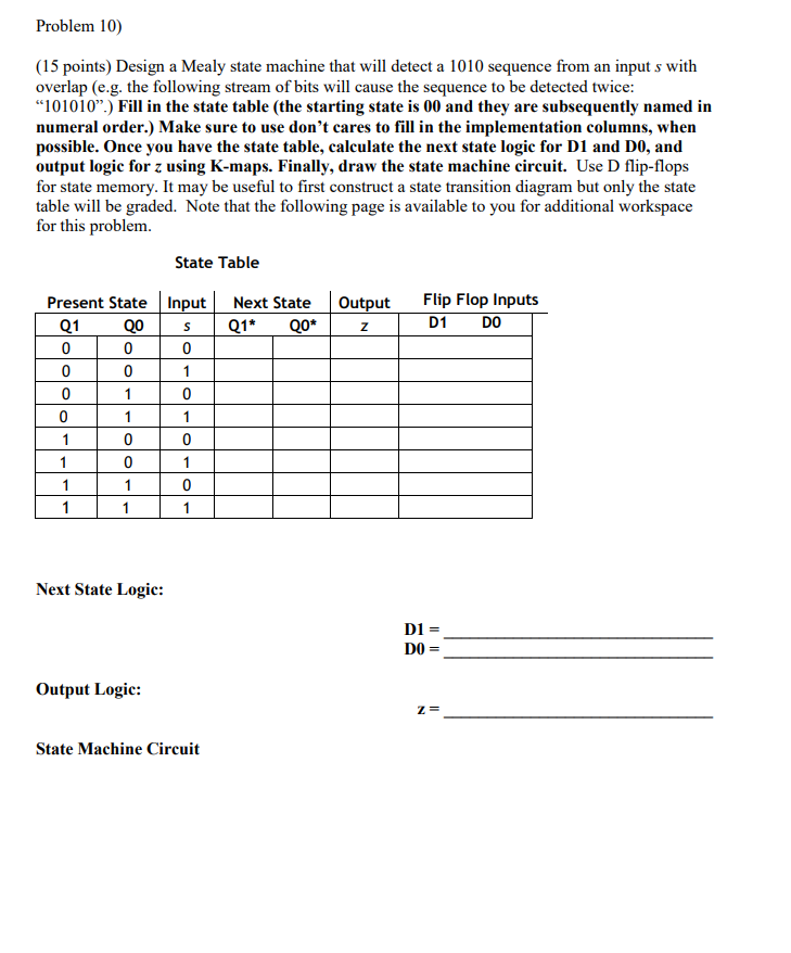  Problem 10) (15 points) Design a Mealy state machine that will