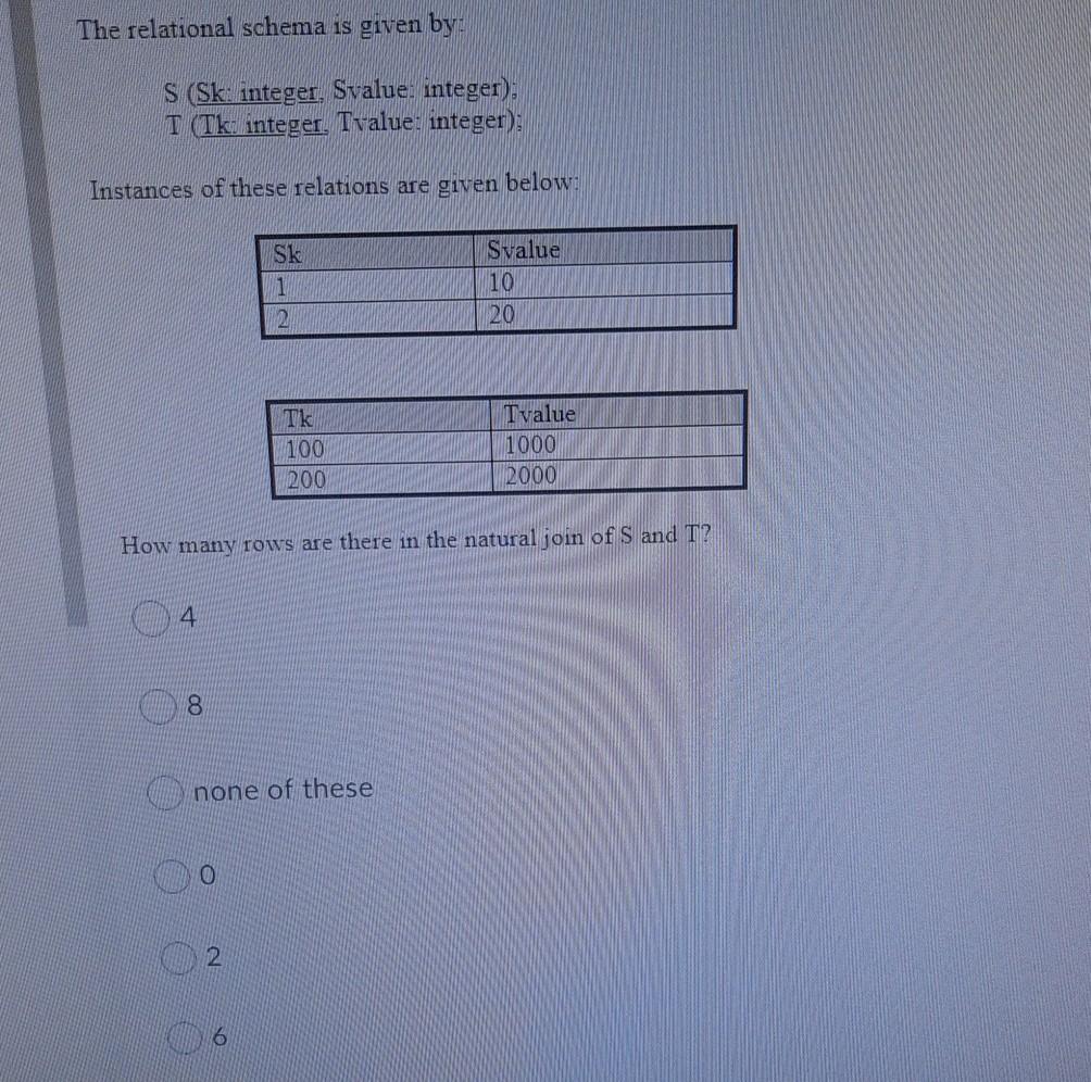 The relational schema is given by: S (Sk: integer, Svalue. Integer),