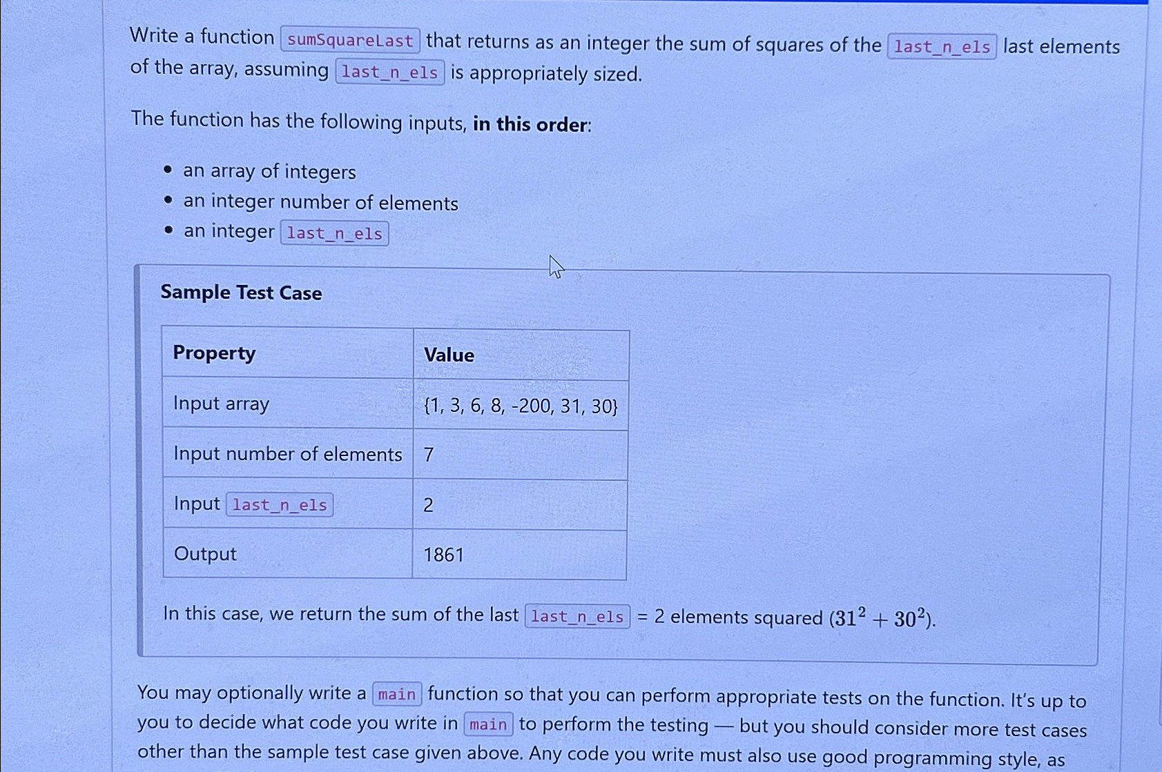  Write a function sumSquareLast that returns as an integer the sum
