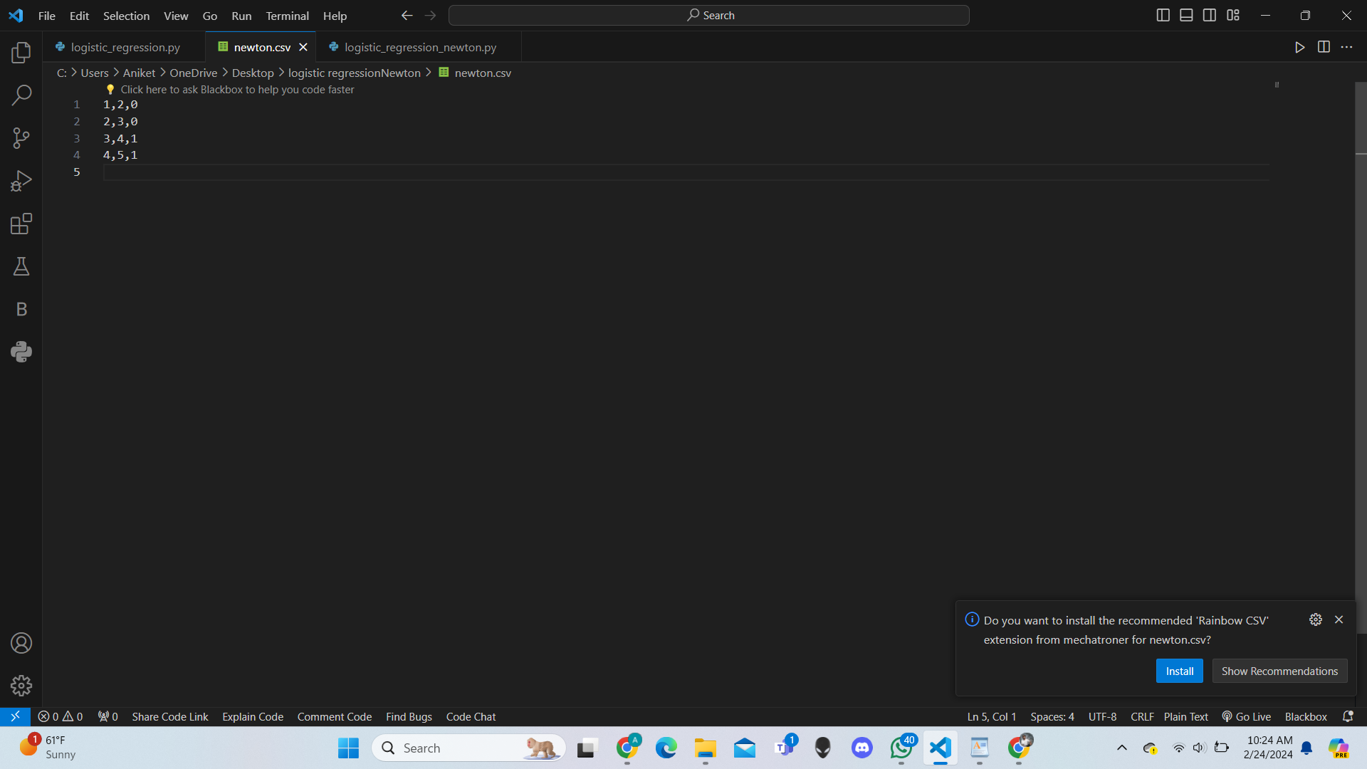  Implement Logistic regression using Newton method. You should implement your code