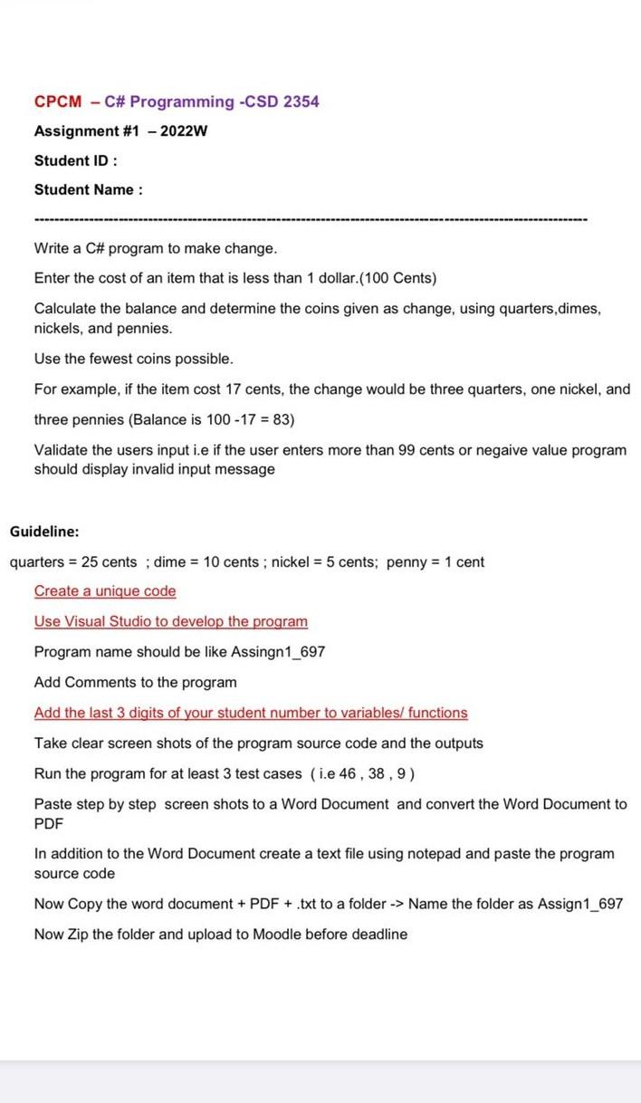  CPCM - C# Programming -CSD 2354 Assignment #1 - 2022W Student