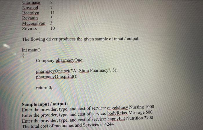 and cost. Define a class called Pharmacy that has protected members name,