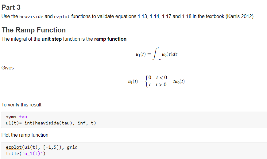 Part 3 Use the heaviside and ezplot functions to validate equations
