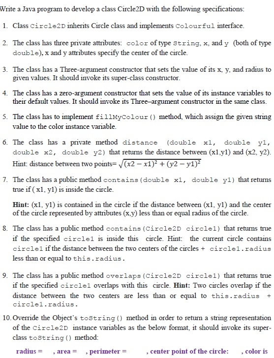  Write a Java program to develop a class Circle2D with the