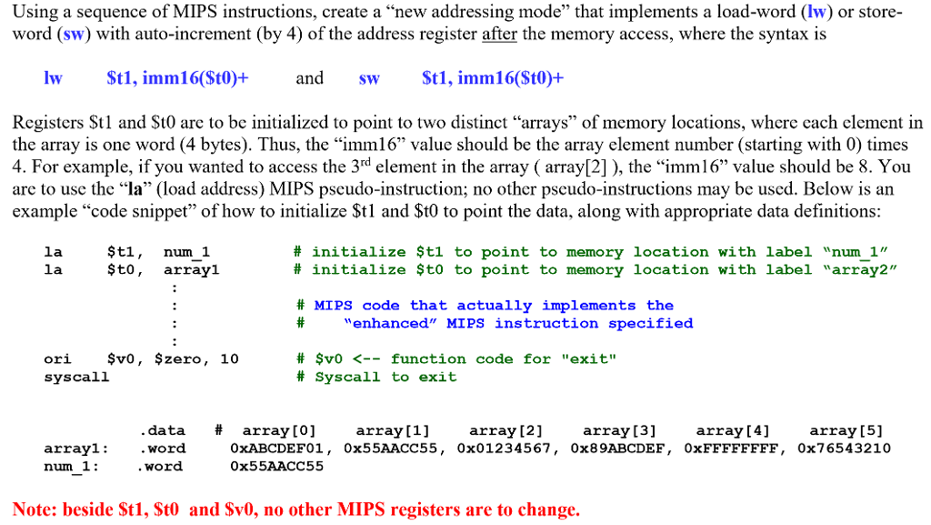Using a sequence of MIPS instructions, create a new addressing mode that
