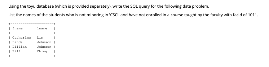  Using the toyu database (which is provided separately), write the SQL