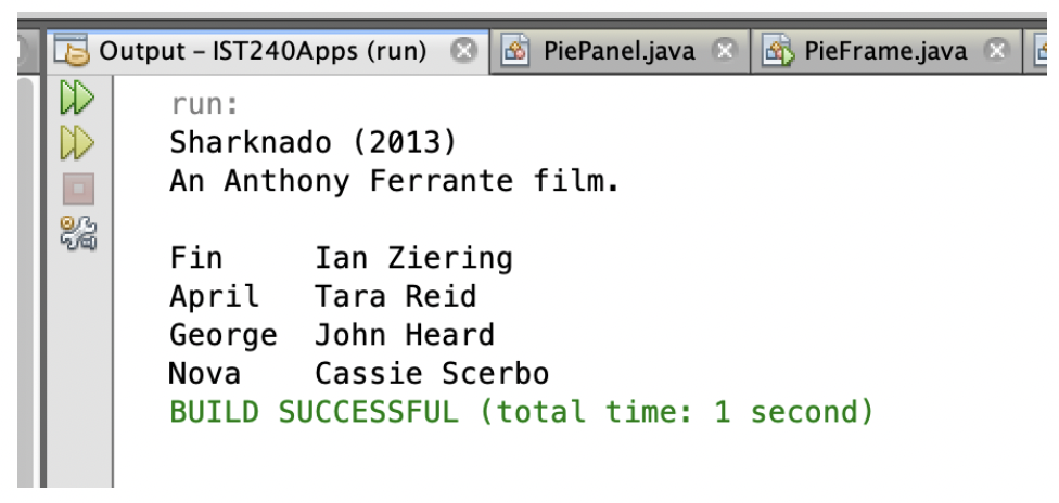 Ferrante" String rolel "Fin"; String actor1 = "Ian Ziering" String role2 "April";