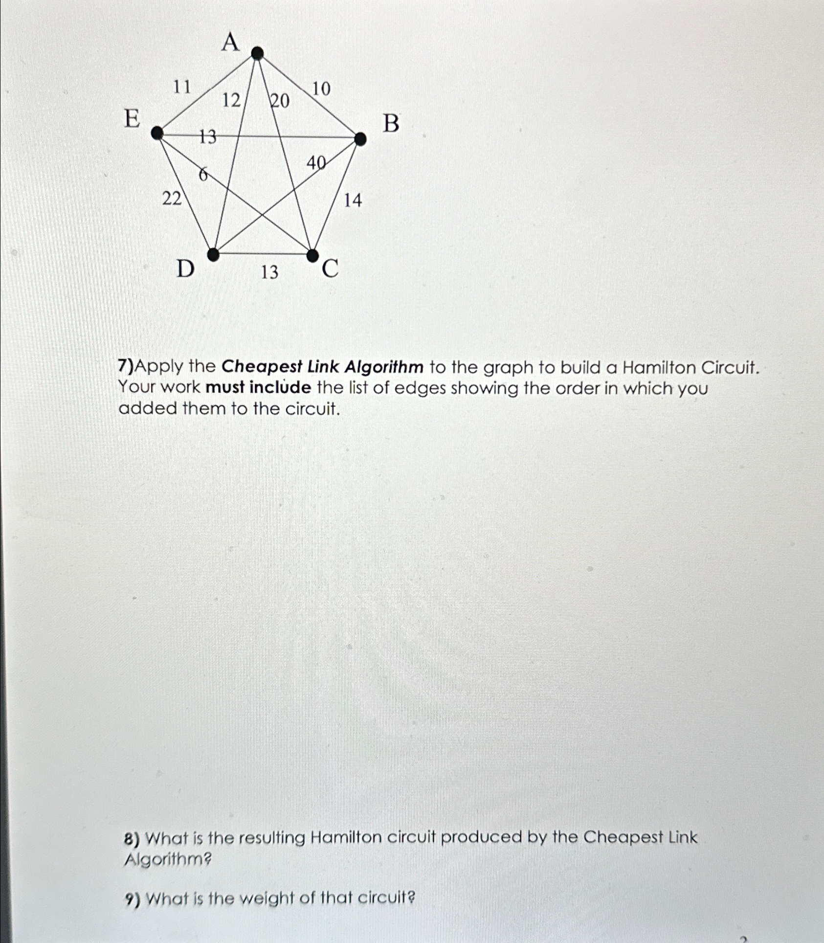  Apply the Cheapest Link Algorithm to the graph to build a