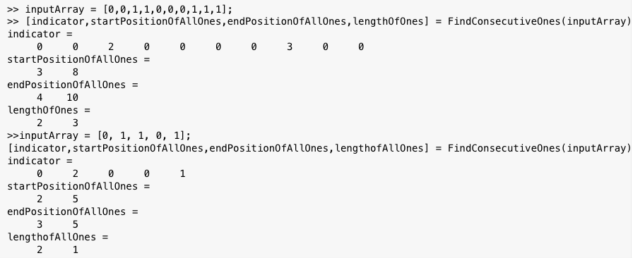 MATLAB How many consecutive ones? Write a function ConsecutiveOnes to detect in