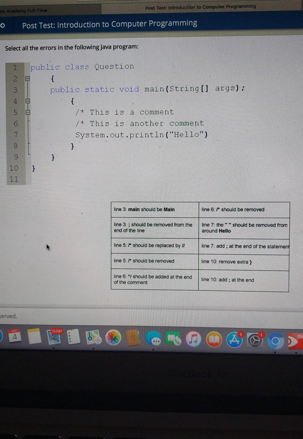  Post Test: Introduction to Computer Programming -ns Academy Full-Time Post Test: