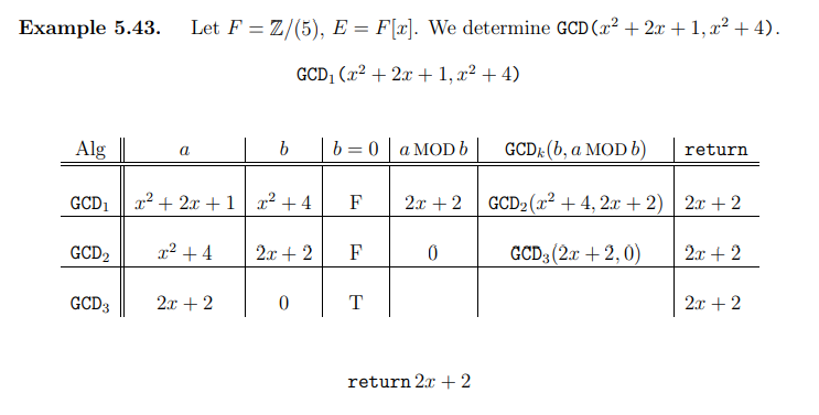 = Z/(7), E = F[x]. Determine the output of GCD(5x + 4x